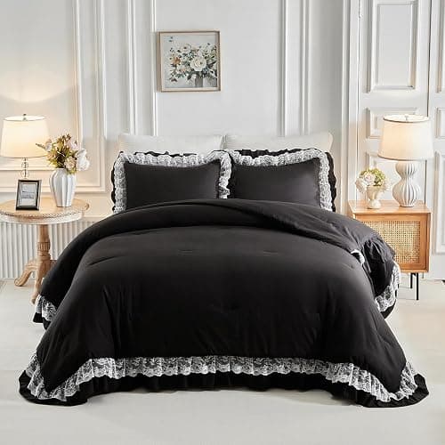 Joyreap Queen Size Comforter Set Black, 3pcs Lace Ruffled Bedding Comforter Set, Microfiber Vintage Boho Chic Bedding Set for All Season- 88x88 inches thumbnail 3