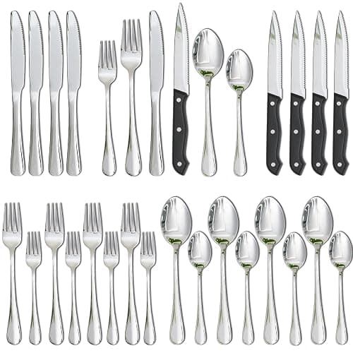 Astercook Silverware Set with Steak Knives 24-Piece Flatware Set for 4 Food-Grade Stainless Steel Cutlery Set Mirror Polished Utensils Set Include Spoons and Forks for Home Kitchen Restaurant - Image 1