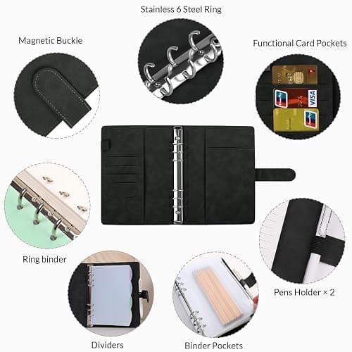 SKYDUE A5 Ringbuch, Ringbuch A5 Nachfüllbar,135 Blätter Nachfüllpapier, Notizbuch Mit Bindertaschen, a5 Binder Für Schulnotizen Und Reisetagebücher (Schwarz) thumbnail 6