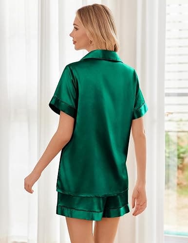 Ekouaer Womens Silk Satin Pajama Sets Soft Short Sleeve Button Down Sleepwear Top and Shorts 2 Piece Pjs Lounge Set thumbnail 2