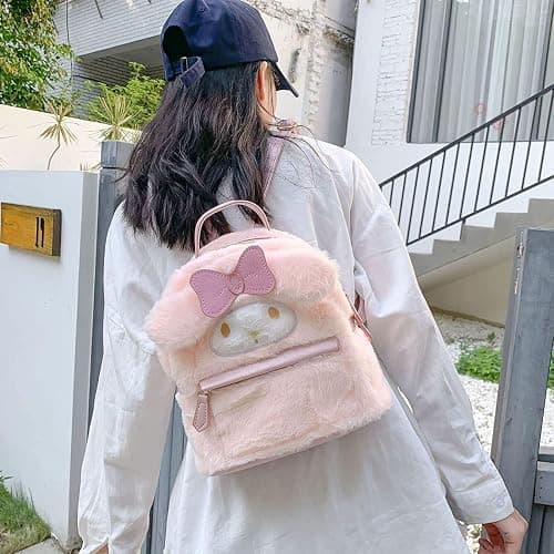 trettitre My Melody Small Cute School Bag，Pink Furry Fabric with Bow Design,My Melody Plush Mini Backpack,Adorable Bag Handbag for Girls Kids Fans Birthday Present School Supplies thumbnail 5