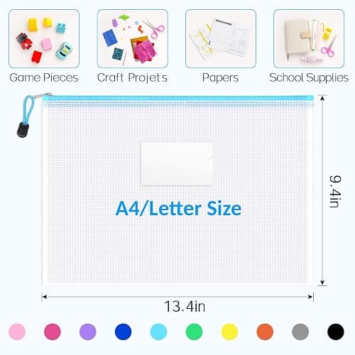 Sooez 20 Pack Mesh Zipper Pouch Bags, A4 Letter Size, Zipper Bags with Label Pocket, Waterproof Pouches for Classroom Organization, Board Game Storage, Document Bag for Teacher School Office Supplies thumbnail 2