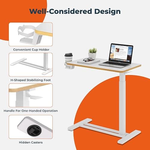 FitStand Medical Overbed Adjustable Bedside Table with Hidden Casters, Pneumatic Mobile Rolling Laptop Standing Desk with Tray for Home and Hospital Use, White thumbnail 4