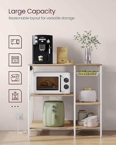 VASAGLE Baker's Rack, Coffee Bar Stand with Charging Station, Storage Shelves, Pull-Out Wire Basket, Table for Microwave, Kitchen, Oak Beige UKKS036Y09, 15.7 x 35.4 x 35.6 Inches thumbnail 5