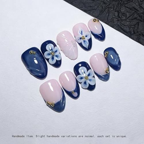 Handmade Short Almond Ocean Press On Nails,Reusable&Salon Quality(1TA26,S) | 10Pcs Daily & Party Fake Nails | Easy Apply & Remove | Navy Blue Press Ons, 3D White Blue Flowers, Pearls & Gold Beads thumbnail 2