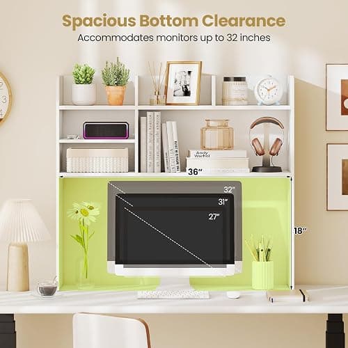 Tangkula Desktop Bookshelf for Computer Up to 32”, 37” Countertop Storage Hutch with 6 Storage Shelves, 3-Tier Desktop Organizer Display Rack, Wooden Desk Hutch for Dorm Home Office (White) thumbnail 6