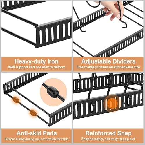 Housolution Pot and Pan Organizer Rack for Cabinet, Expandable Pot Lid Organizer Holder with 14 Adjustable Dividers, Fully Expanded Size 22.83" W x 7.09" D x 7.09" H, Black thumbnail 4