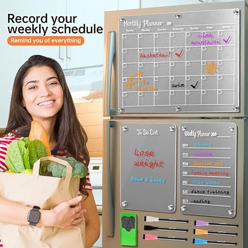 LCPCX Acrylic Magnetic Dry Erase Board for Fridge，Set of 3 Transparent Planning Boards for Monthly Calendar, Weekly Includes 6 Dry Erase Markers, 1 Eraser and Magnetic Pen Holder thumbnail 5