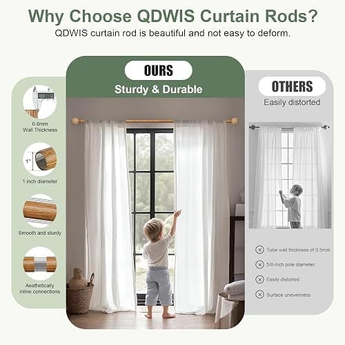 QDWIS Wood Curtain Rods for Windows 48 to 84 Inch,1'' Diameter Drapery Rods with Imitation Wood Grain Leaf Pattern Finials,Boho Adjustable Heavy Duty Curtain Rods Set,36-88'',Color:Natural Wood thumbnail 4