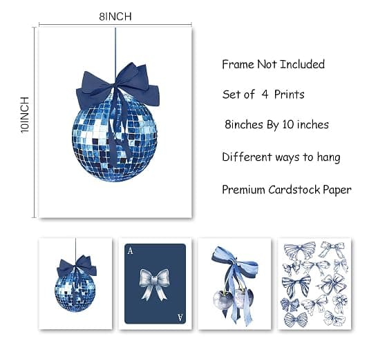 foedor Navy Blue Room Wall Decor,Navy Wall Art,Coquette Blue Bow Preppy Girly Prints,Boy Bedroom Decor,Trendy Navy Bow Disco Ball Cherry Wall Decor Posters for Girls Room Dorm, 8x10 Unframed,Set of 4 thumbnail 6
