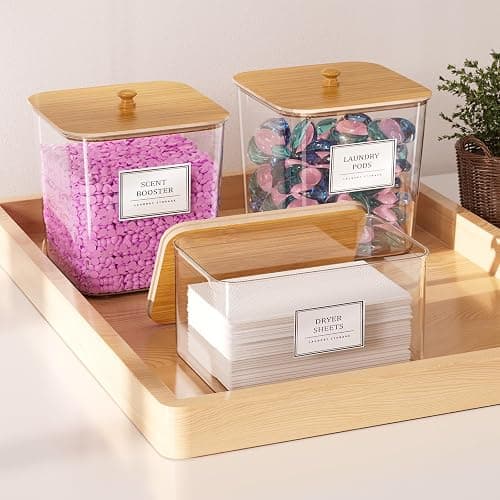 4+1 Pack Laundry Room Organization Containers,Clear Laundry Pods Container,Large Laundry Detergent Powder Storage Containers with Wooden Lids & Labels,Laundry Pods Holder for Scent Booster,Powder,Pods thumbnail 2