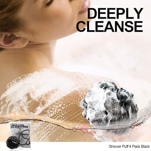 WhaleLife Bath Loofah Sponge for Shower - Body Scrubber 4-Pack Black | 10X Suds Save Body Wash Double Knotted Anti Tear Core Fast Dry Cotton Loop Stay Fresh Large Mesh for Sensitive Skin thumbnail 5