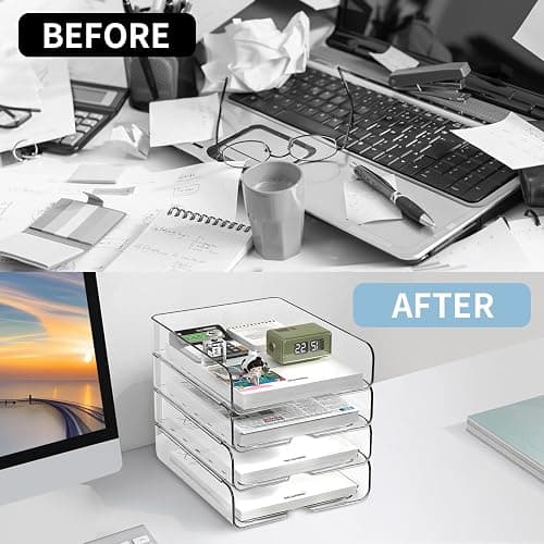 OUTIOE 4-Tier Paper Organizer for Desk, Stackable Desk Organizer Paper Tray, Ideal for Office Supplies, A4 Storage (Clear, 4-Tier) thumbnail 4