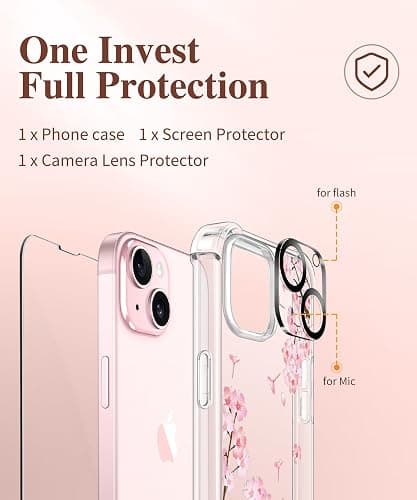 GVIEWIN for iPhone 15 Case Floral, with Screen Protector&Camera Lens Protector,[Non Yellowing] Soft Shockproof Clear Phone Protective Cover for Women, Flower Pattern Design 6.1" (Sakura/Pink) thumbnail 7