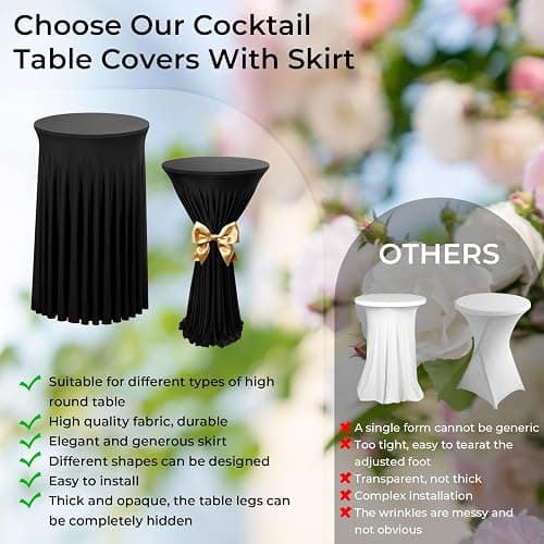 Babenest 24"x 43" Round Cocktail Table Skirt, 6 Pack Spandex Stretch Round Tablecloths with Natural Wavy Drapes, Fitted High Top Bar Cocktail Table Covers for Wedding Party Birthday Banquet (Black) - Black - 6 thumbnail 6