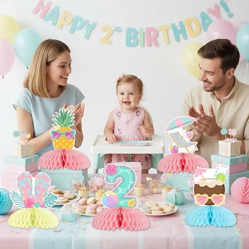 Funmemoir Two Cool Pool 2nd Birthday Honeycomb Centerpieces - 8 Piece Double Sided Summer Swimming Beach Theme Table Decor for Girls Second Birthday Party Macaron Color thumbnail 2