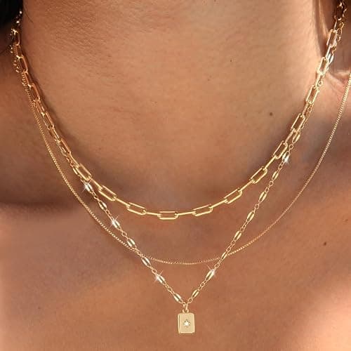 YEEZII Layered Gold Necklaces for Women Trendy, 3 Pcs 14K Gold Plated Choker Paperclip Box Chain Necklace, Stackable Women's Gold Pendant Necklaces Jewelry Set thumbnail 2