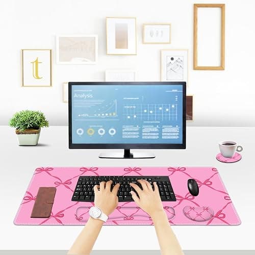ToLuLu Large Mouse Pad Desk Pad Set, Wrist Rest Support Desk Mat for Keyboard Mouse, 4PCS 35.4”x15.7 XXL Giant Mouse Pad, Non-Slip Base Stitched Edges Mousepad Office Desk Decor, Hot Pink Bow thumbnail 4