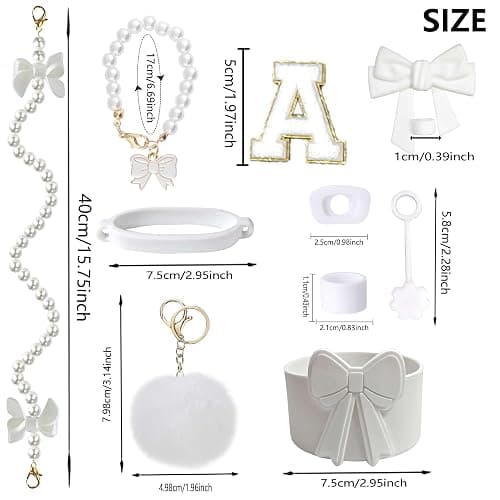 Accessories Set for Stanley Cup 30&40oz, Bow Strap, Boot & Toppers White M | 10PCS set with pearl bow strap, letter charm, silicone boot, straw topper and spill proof stoppers for tumbler decor thumbnail 3