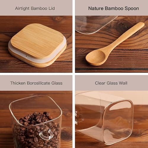 CZZGSM Set of 4 Square Glass Jar with Bamboo Lids and Spoons – Airtight 27 oz Borosilicate Glass Food Storage Contaienrs with 132 Kitchen Pantry Labels for Coffee, Tea, Sugar thumbnail 6