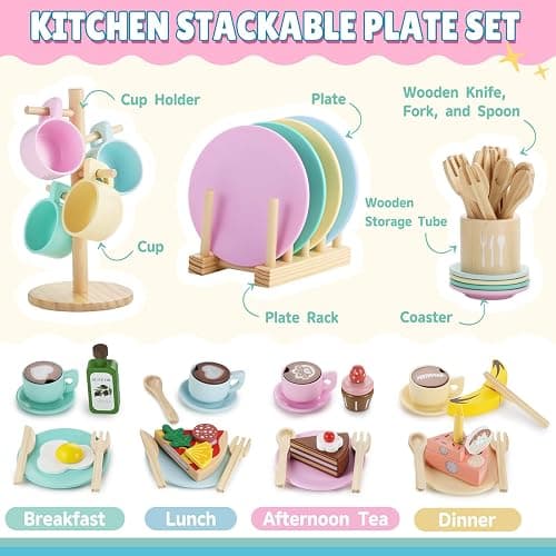 GAGAKU Kids Wooden Play Dishes Set -27Pcs Montessori Play Kitchen Accessories Plates and Bowls Set, Storage Stand & Play Food, Pretend Cooking Toys for Ages 3-5, Educational Gift for Toddler thumbnail 3