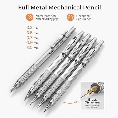 Nicpro Metal Mechanical Pencil Set, 5 PCS Art Drafting Pencils 0.3, 0.5, 0.7, 0.9 mm & 2mm Graphite Lead Holder For Sketching Drawing With 9 Tubes (4B 2B HB 2H Colors) Lead Refills Erasers Case thumbnail 4
