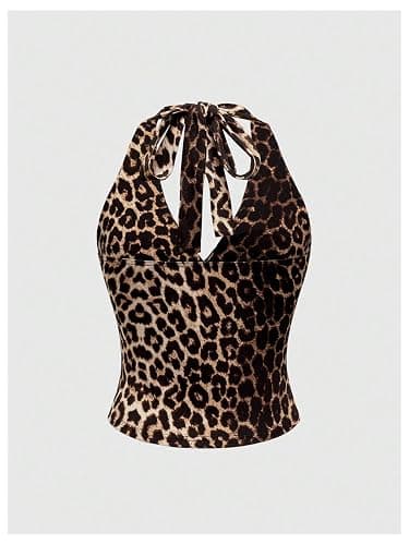 WDIRARA Women's Leopard Print Ruched Halter Crop Tops V Neck Tie Back Sleeveless Slim Fit Cami Tops thumbnail 4