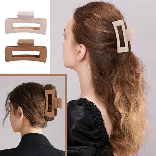 8 Pcs Large Hair Claw Clips 4.1 Inch Non-slip Big Square Matte Hair Claws for Women, Strong Hold Banana Clip for Thick Thin Hair(White/Khaki) thumbnail 4