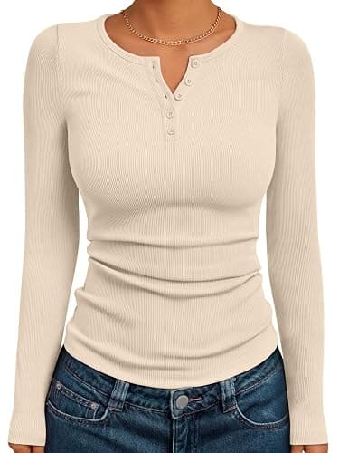 Trendy Queen Womens Long Sleeve Shirts 2025 Henley Casual Fall Outfits Fitted Tops Ribbed Fashion Basic Tees - Image 1