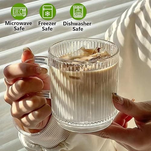 Qipecedm 6 PACK Premium Glass Coffee Mugs with Handle, 12 OZ Classic Vertical Stripes Glass Coffee Cups, Transparent Tea Cup for Hot/Cold Beverages, Glassware Set for Americano, Latte, Cappuccino thumbnail 4