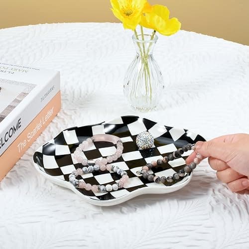 Koythin Jewelry Tray, Ceramic Jewelry Dish Trinket Tray Organizer, Checkered Pattern Aesthetic Decorative for Kitchen, Bathroom (Black and White Checkerboard) thumbnail 4