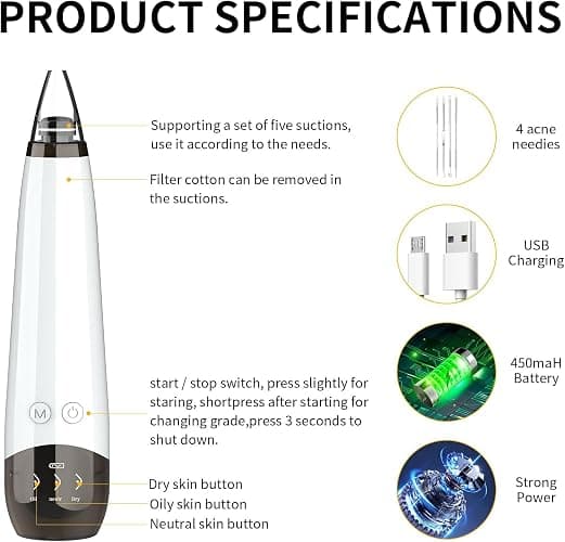 Blackhead Remover Pore Vacuum, Visual Rechargeable Blackhead Vacuum Facial Pore Cleaner-3 Suction Soft Silicone,3 Probes,USB Kit Electric Acne Extractor Tool for Adult thumbnail 5