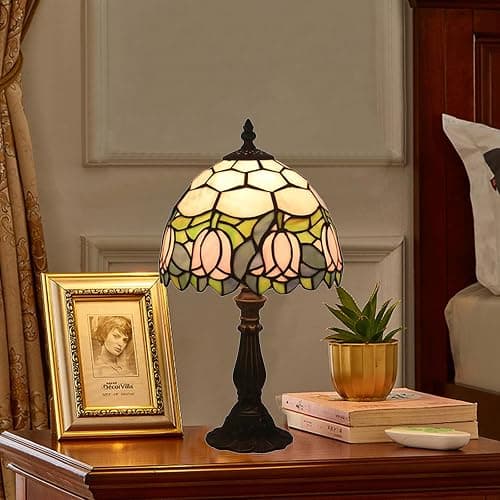 tuomoxte Tiffany Style Table Lamp, Pink Tulip Stained Glass Lamp, 8 Inch Small Antique Lamp, for Bedside Nightstand Bedroom Living Room Home Office, Include LED Bulb thumbnail 3