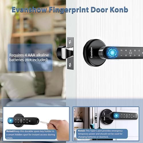 Evanshow Fingerprint Door Lock Biometric Door Knob with Keypad Keyless Entry, 5-in-1 Door Locks for Bedrooms(Fingerprint/App/Code/Key/IC Card), Home Hotel Office Apartment thumbnail 5