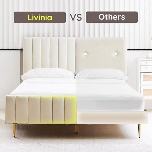Livinia Queen Size Elton Velvet Platform Bed, Upholstered Bed Frame with Vertical Channel Tufted Headboard Footboard, Strong Wood Slats, No Box Spring Needed, Ivory (Queen) thumbnail 4