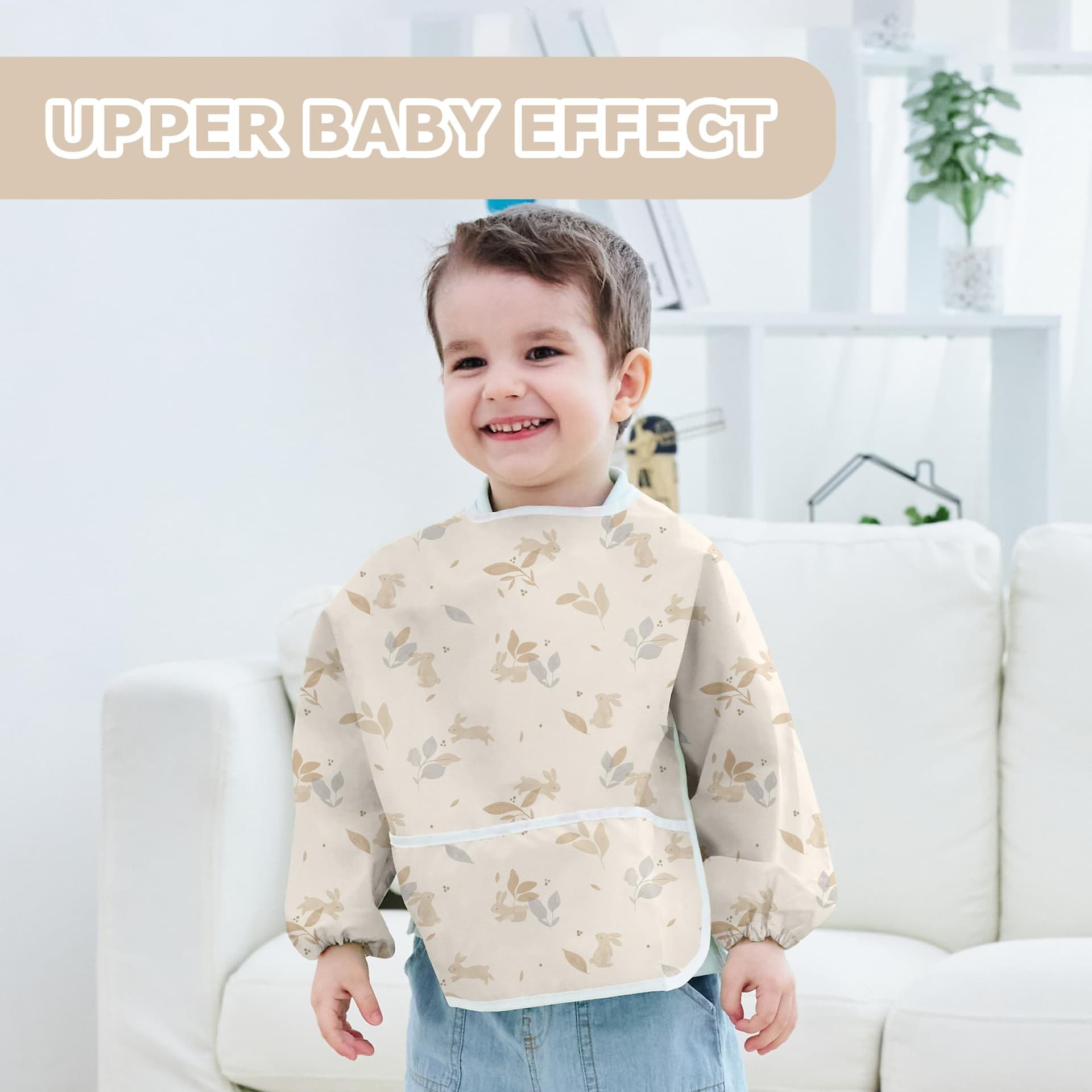 Little Dimsum Baby Bib | Full Sleeved Feeding Bib 2 Pack, Infant & Toddler Waterproof Bib Apron,Food Protection Large Pocket Eating Smock 6-36 Months - Yellow Rabbit&Blue leaves thumbnail 3