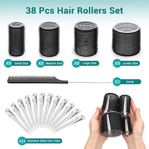 Acejoz Hair Rollers for Blowout Look, 38 Pcs Self Grip Hair Rollers Set with 4 Sizes, 12 Pcs Hair Clips, Comb and Storage Bag for Hair Volume (Black) thumbnail 2