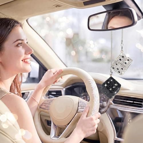 Bling Diamond Dice Car Hanging Accessories – Crystal Rear View Mirror Ornament, Sparkly Car Decor, Lucky car Accessories All Models (Black and White) thumbnail 7