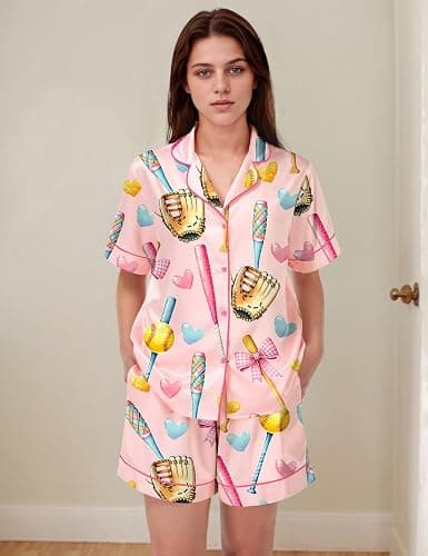 SHESHOW Pajamas for Women Set Satin Button Down Short Sleeve Top and Shorts Pjs Sets Sport Ball Print Sleepwear XS-XXL thumbnail 5
