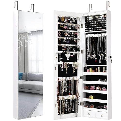 Giantex Wall Door Mounted Jewelry Armoire Cabinet with 47.5" Full Length Mirror, 2 LEDs Lockable Jewelry Organizers and Storage with 2 Drawers, Over the Door Jewelry Organizer Cabinet (White) - Image 1