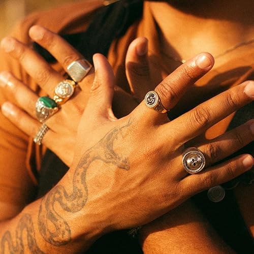 KISS WIFE Halloween Vintage Silver Punk Rings Set for Men, Cool Gothic Chunky Rings Bulk, Skull Snake Spade Ace Malachite Stackable Hippie Knuckle Rings Pack, Trendy Men's Jewelry Gift for Him thumbnail 2