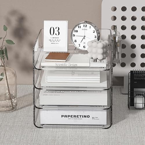 FANXIYQ 4-Tier Acrylic Paper Tray Organizer with Pen Holder | Clear Stackable Desk Organizer for Documents, Letters, A4 Paper | Modern Office/Classroom/Home Organization thumbnail 4
