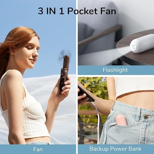 JISULIFE Handheld Mini Fan, 3 IN 1 USB Rechargeable Portable Fan [12-19 Working Hours] with Power Bank, Flashlight, Pocket Design for Travel/Summer/Concerts/Lash, Gifts for Women (Pink) - Pink thumbnail 2
