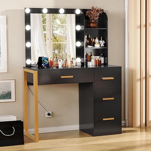 FIONESO Makeup Vanity Desk with Mirror & Lights, Vanity Desk with 4 Drawers & Charging Station, Dressing Vanity Table with Open Storage Shelves, 3 Color Modes, Vanity Table for Bedroom, Black thumbnail 3