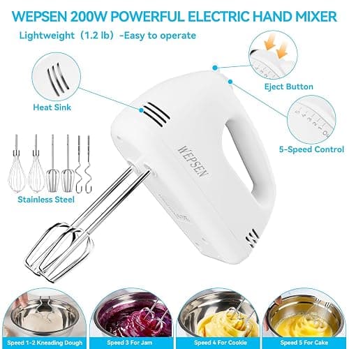 WEPSEN Hand Mixer Electric Mixing Bowls Set, 5 Speeds Handheld Mixer with 4 Nesting Stainless Steel Mixing Bowl, Measuring Cups Spoons 200W Kitchen Blender Whisk Beater Baking Supplies For Beginner thumbnail 4