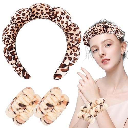 Zkptops Spa Headband for Washing Face Wristband Set Sponge Makeup Skincare Velvet Fabric Bubble Soft Get Ready Hairband for Women Girl Puffy Padded Headwear Non Slip Thick Hair Accessory(Leopard 1) thumbnail 8