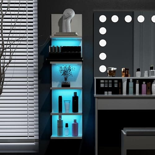 VIWODS 5-Tier Wall Shelf Unit with RGB Light, Floating Lack Shelf for Wall Storage, Wall Mounted Vertical Display Shelf for Bedroom Living Room Vanity, White - White thumbnail 5
