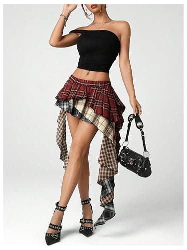 Verdusa Plaid Skirts for Women Ruffle Asymmetrical Layered Hem Y2k Skirt with Shorts Underneath thumbnail 3