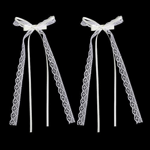 2Pcs White Lace Hair Bows with Long Tail, Coquette Lace Bow Hair Clips for Women, Elegant Ribbon Bow Barrettes Alligator Clip, Wedding Bridal Hairs Accessories for Girls Teens Daily Wear Party Decor - Image 1
