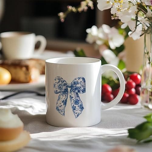 JKMBN Chinoiserie Bow Coffee Tea Mugs, Coquette Grandmillennial Bows Ceramic Coffee Mug, Vintage Blue Coffee Cup, 11oz Ceramic Cup White thumbnail 2
